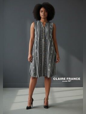 Claire France, Plus Size 16W, Sleeveless Dress Black White Red Navy Tribal